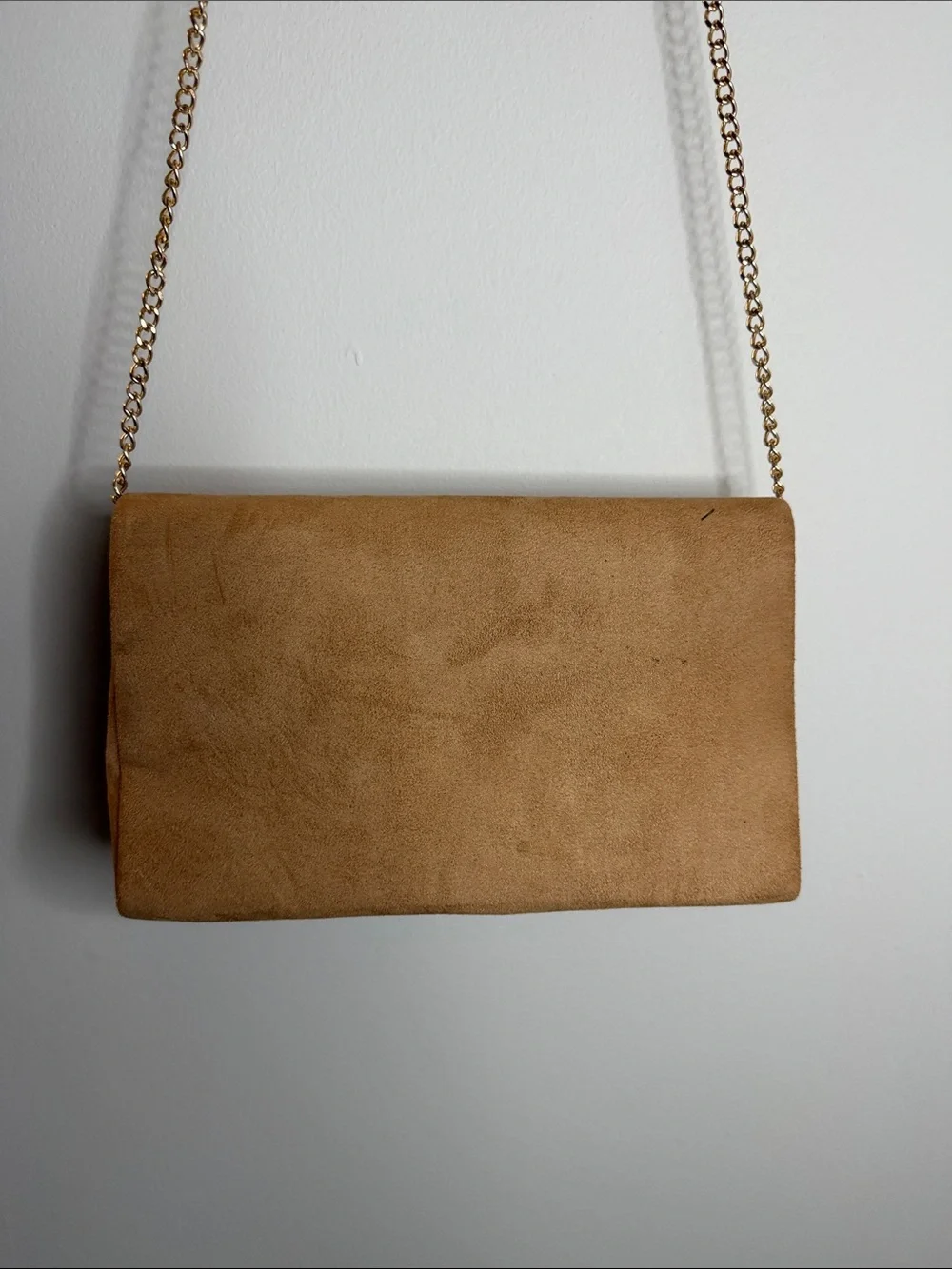 Suede Envelope Wristlet Clutch with Gold Chain - Tan